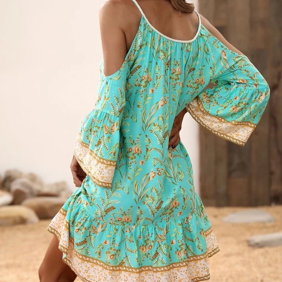 Boho Floral Print Cold Shoulder Mini Dress - Picture 6 of 12